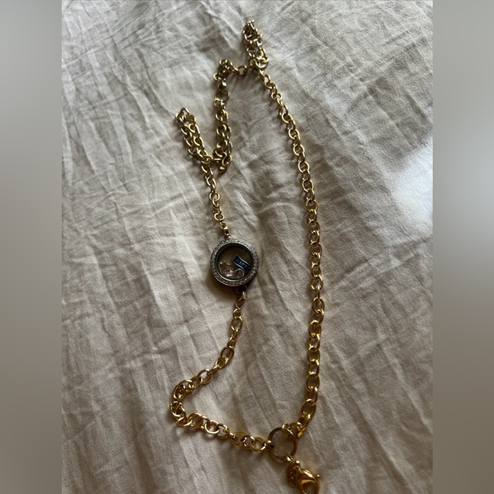 ORIGAMI OWL Signed Pendant Gold  Necklace Crystals w/ 5 Navy Wife Charms